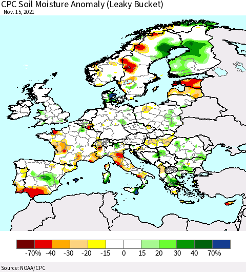 Europe CPC Soil Moisture Anomaly (Leaky Bucket) Thematic Map For 11/11/2021 - 11/15/2021