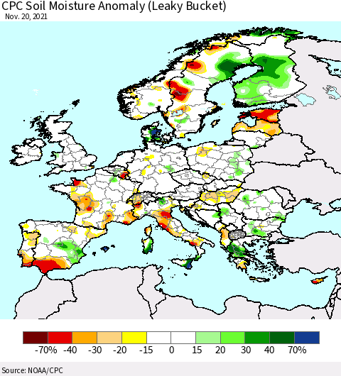Europe CPC Soil Moisture Anomaly (Leaky Bucket) Thematic Map For 11/16/2021 - 11/20/2021