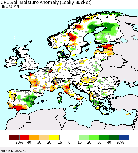 Europe CPC Soil Moisture Anomaly (Leaky Bucket) Thematic Map For 11/21/2021 - 11/25/2021