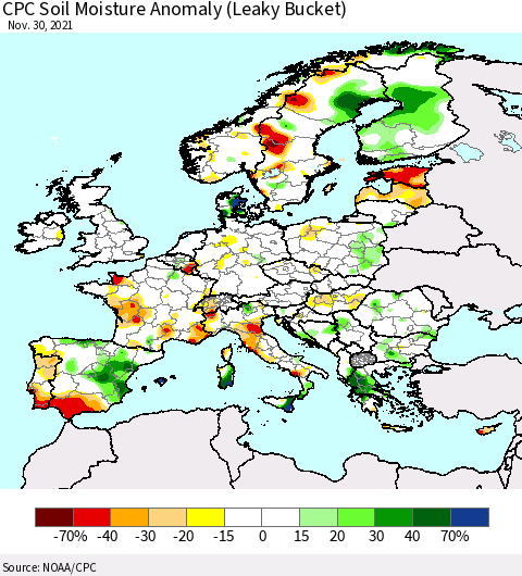 Europe CPC Soil Moisture Anomaly (Leaky Bucket) Thematic Map For 11/26/2021 - 11/30/2021
