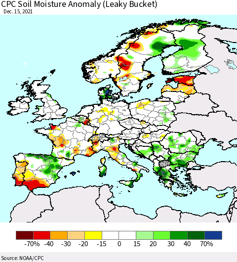 Europe CPC Soil Moisture Anomaly (Leaky Bucket) Thematic Map For 12/11/2021 - 12/15/2021
