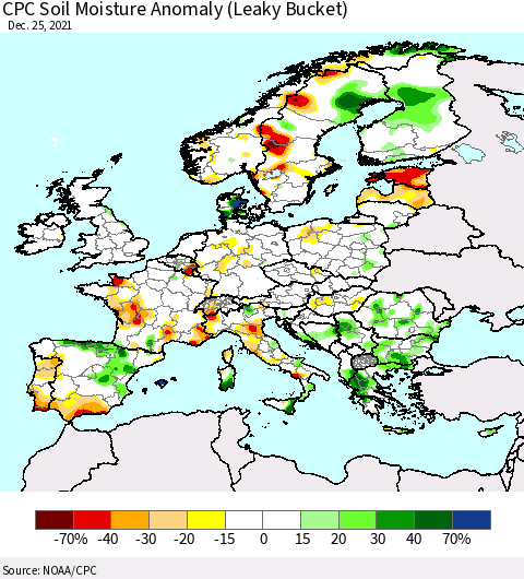 Europe CPC Soil Moisture Anomaly (Leaky Bucket) Thematic Map For 12/21/2021 - 12/25/2021
