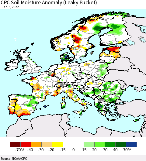 Europe CPC Soil Moisture Anomaly (Leaky Bucket) Thematic Map For 1/1/2022 - 1/5/2022