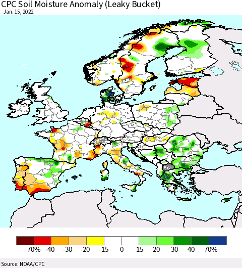 Europe CPC Soil Moisture Anomaly (Leaky Bucket) Thematic Map For 1/11/2022 - 1/15/2022