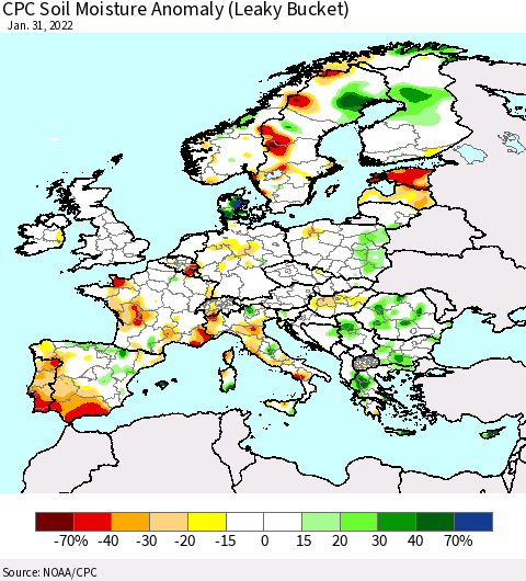 Europe CPC Soil Moisture Anomaly (Leaky Bucket) Thematic Map For 1/26/2022 - 1/31/2022