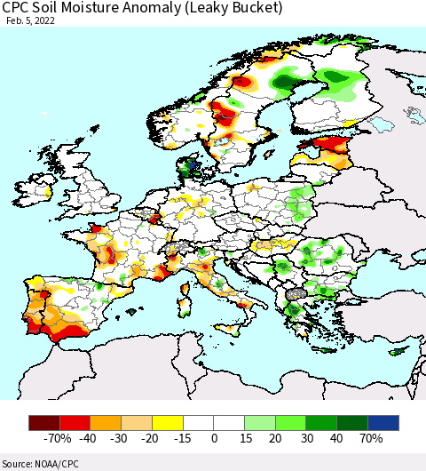 Europe CPC Soil Moisture Anomaly (Leaky Bucket) Thematic Map For 2/1/2022 - 2/5/2022