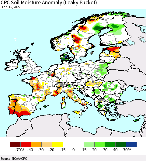 Europe CPC Soil Moisture Anomaly (Leaky Bucket) Thematic Map For 2/11/2022 - 2/15/2022