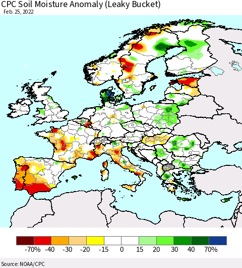 Europe CPC Soil Moisture Anomaly (Leaky Bucket) Thematic Map For 2/21/2022 - 2/25/2022