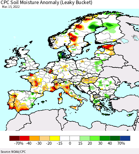 Europe CPC Soil Moisture Anomaly (Leaky Bucket) Thematic Map For 3/11/2022 - 3/15/2022