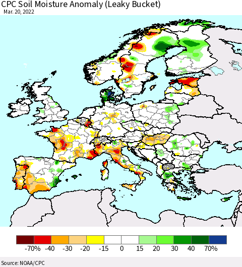 Europe CPC Soil Moisture Anomaly (Leaky Bucket) Thematic Map For 3/16/2022 - 3/20/2022