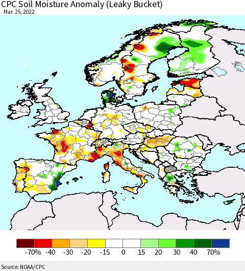 Europe CPC Soil Moisture Anomaly (Leaky Bucket) Thematic Map For 3/21/2022 - 3/25/2022