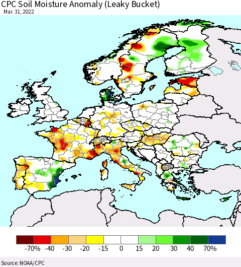 Europe CPC Soil Moisture Anomaly (Leaky Bucket) Thematic Map For 3/26/2022 - 3/31/2022