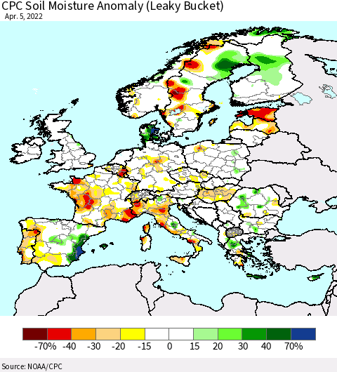 Europe CPC Soil Moisture Anomaly (Leaky Bucket) Thematic Map For 4/1/2022 - 4/5/2022