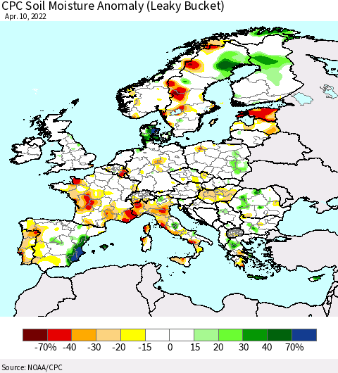 Europe CPC Soil Moisture Anomaly (Leaky Bucket) Thematic Map For 4/6/2022 - 4/10/2022