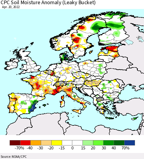 Europe CPC Soil Moisture Anomaly (Leaky Bucket) Thematic Map For 4/16/2022 - 4/20/2022