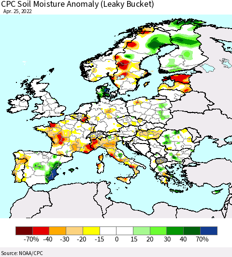 Europe CPC Soil Moisture Anomaly (Leaky Bucket) Thematic Map For 4/21/2022 - 4/25/2022
