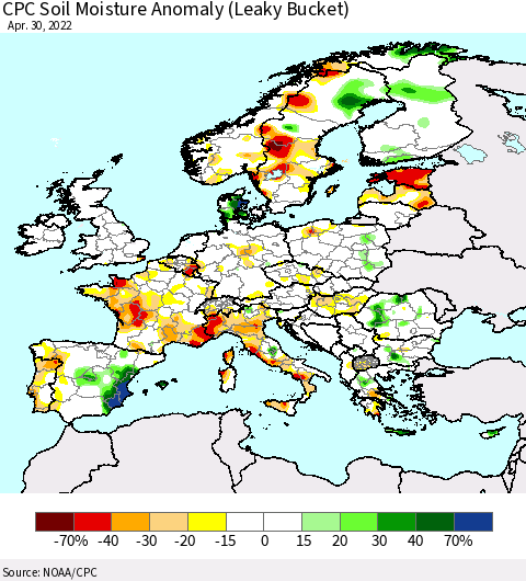 Europe CPC Soil Moisture Anomaly (Leaky Bucket) Thematic Map For 4/26/2022 - 4/30/2022