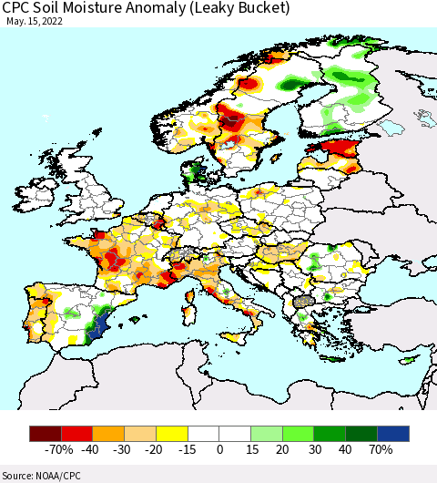 Europe CPC Soil Moisture Anomaly (Leaky Bucket) Thematic Map For 5/11/2022 - 5/15/2022