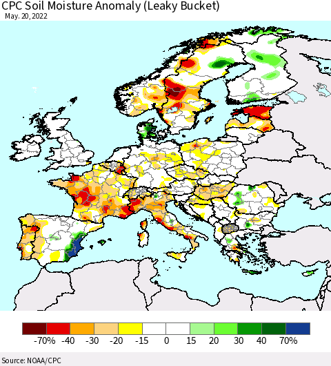Europe CPC Soil Moisture Anomaly (Leaky Bucket) Thematic Map For 5/16/2022 - 5/20/2022