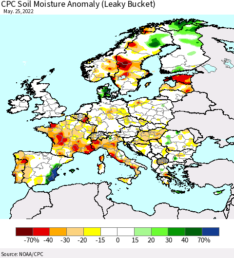 Europe CPC Soil Moisture Anomaly (Leaky Bucket) Thematic Map For 5/21/2022 - 5/25/2022