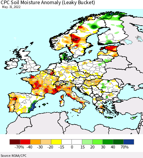 Europe CPC Soil Moisture Anomaly (Leaky Bucket) Thematic Map For 5/26/2022 - 5/31/2022