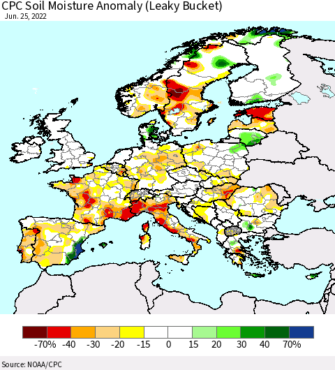 Europe CPC Soil Moisture Anomaly (Leaky Bucket) Thematic Map For 6/21/2022 - 6/25/2022