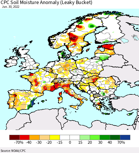 Europe CPC Soil Moisture Anomaly (Leaky Bucket) Thematic Map For 6/26/2022 - 6/30/2022