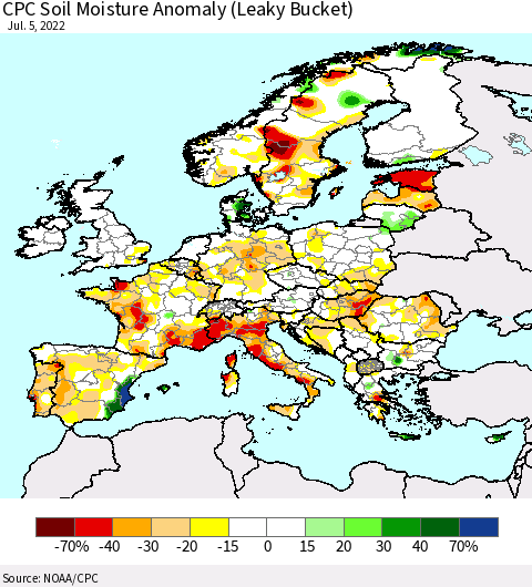 Europe CPC Soil Moisture Anomaly (Leaky Bucket) Thematic Map For 7/1/2022 - 7/5/2022