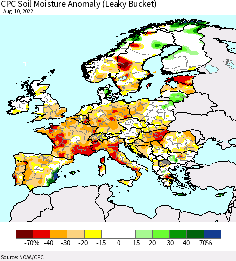 Europe CPC Soil Moisture Anomaly (Leaky Bucket) Thematic Map For 8/6/2022 - 8/10/2022