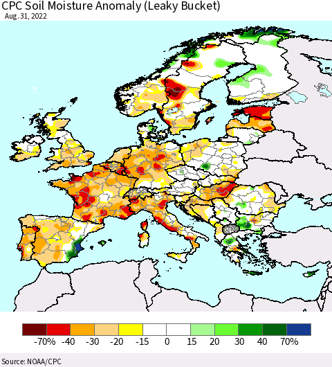 Europe CPC Soil Moisture Anomaly (Leaky Bucket) Thematic Map For 8/26/2022 - 8/31/2022