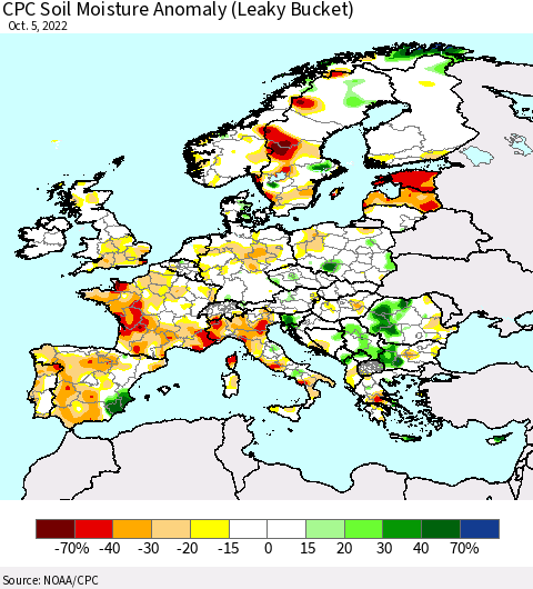 Europe CPC Soil Moisture Anomaly (Leaky Bucket) Thematic Map For 10/1/2022 - 10/5/2022