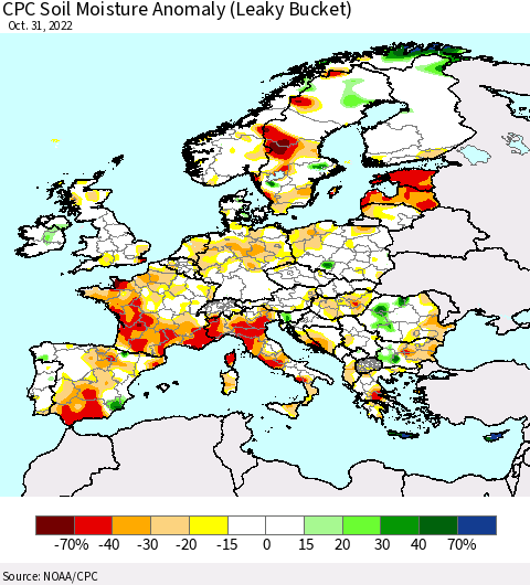 Europe CPC Soil Moisture Anomaly (Leaky Bucket) Thematic Map For 10/26/2022 - 10/31/2022