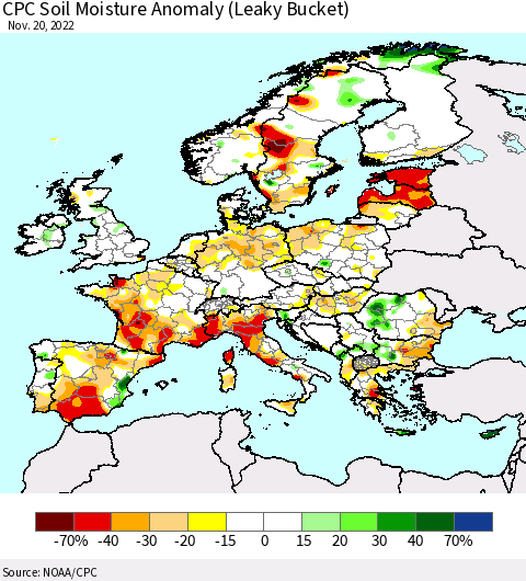 Europe CPC Soil Moisture Anomaly (Leaky Bucket) Thematic Map For 11/16/2022 - 11/20/2022