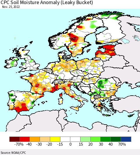 Europe CPC Soil Moisture Anomaly (Leaky Bucket) Thematic Map For 11/21/2022 - 11/25/2022