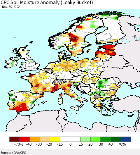 Europe CPC Soil Moisture Anomaly (Leaky Bucket) Thematic Map For 11/26/2022 - 11/30/2022