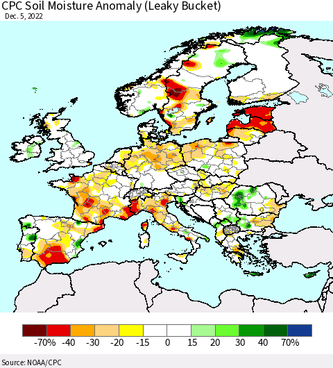 Europe CPC Soil Moisture Anomaly (Leaky Bucket) Thematic Map For 12/1/2022 - 12/5/2022