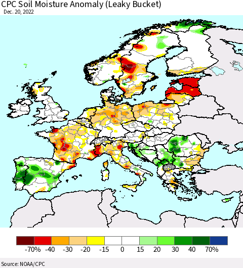 Europe CPC Soil Moisture Anomaly (Leaky Bucket) Thematic Map For 12/16/2022 - 12/20/2022