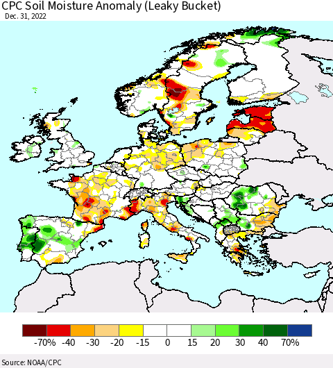 Europe CPC Soil Moisture Anomaly (Leaky Bucket) Thematic Map For 12/26/2022 - 12/31/2022