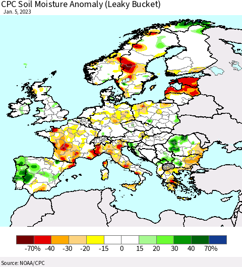 Europe CPC Soil Moisture Anomaly (Leaky Bucket) Thematic Map For 1/1/2023 - 1/5/2023