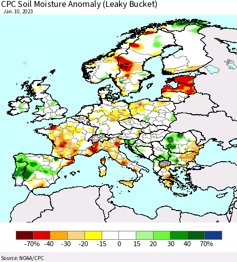 Europe CPC Soil Moisture Anomaly (Leaky Bucket) Thematic Map For 1/6/2023 - 1/10/2023