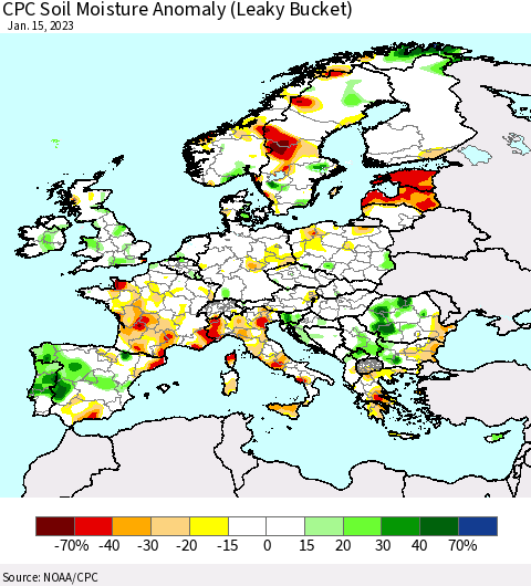 Europe CPC Soil Moisture Anomaly (Leaky Bucket) Thematic Map For 1/11/2023 - 1/15/2023
