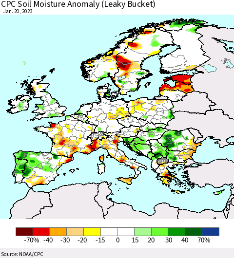 Europe CPC Soil Moisture Anomaly (Leaky Bucket) Thematic Map For 1/16/2023 - 1/20/2023