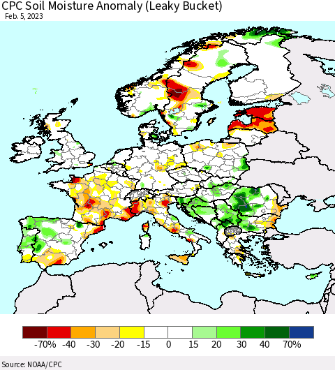 Europe CPC Soil Moisture Anomaly (Leaky Bucket) Thematic Map For 2/1/2023 - 2/5/2023