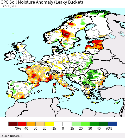Europe CPC Soil Moisture Anomaly (Leaky Bucket) Thematic Map For 2/16/2023 - 2/20/2023
