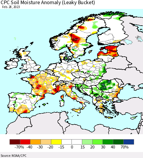 Europe CPC Soil Moisture Anomaly (Leaky Bucket) Thematic Map For 2/26/2023 - 2/28/2023