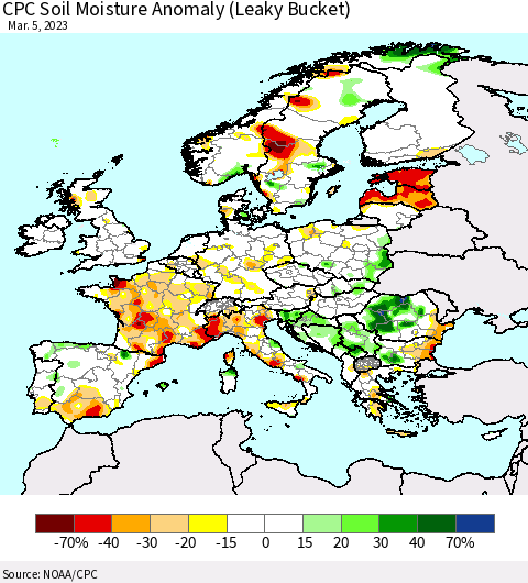Europe CPC Soil Moisture Anomaly (Leaky Bucket) Thematic Map For 3/1/2023 - 3/5/2023