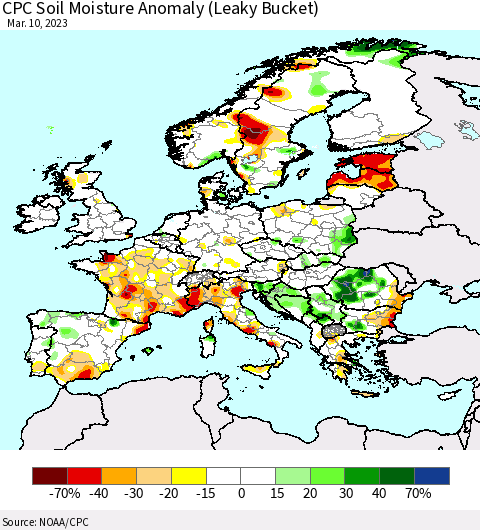 Europe CPC Soil Moisture Anomaly (Leaky Bucket) Thematic Map For 3/6/2023 - 3/10/2023