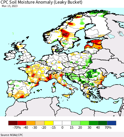 Europe CPC Soil Moisture Anomaly (Leaky Bucket) Thematic Map For 3/11/2023 - 3/15/2023