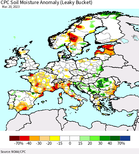 Europe CPC Soil Moisture Anomaly (Leaky Bucket) Thematic Map For 3/16/2023 - 3/20/2023