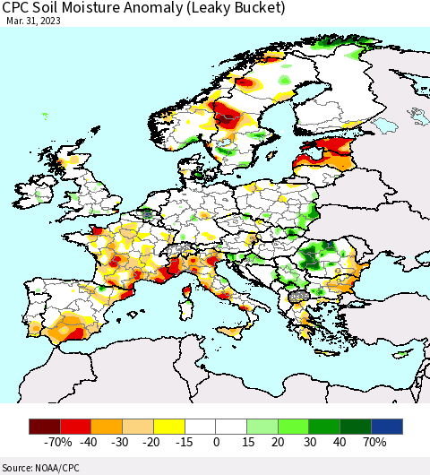 Europe CPC Soil Moisture Anomaly (Leaky Bucket) Thematic Map For 3/26/2023 - 3/31/2023